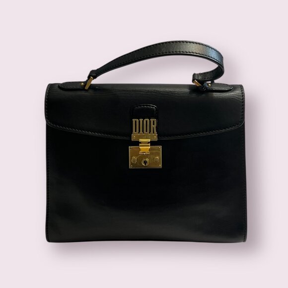 Vintage Christian Dior Black Leather Top Handle Bag – Lock & Key, Made in France - Picture 3 of 14